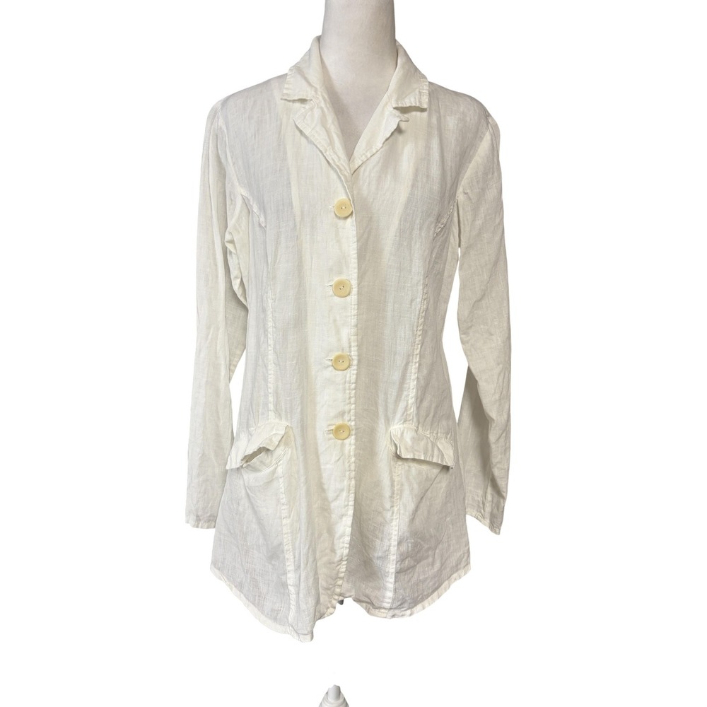FLAX Blazer Jacket Womens Petite P White Linen Button Front Pockets Unlined